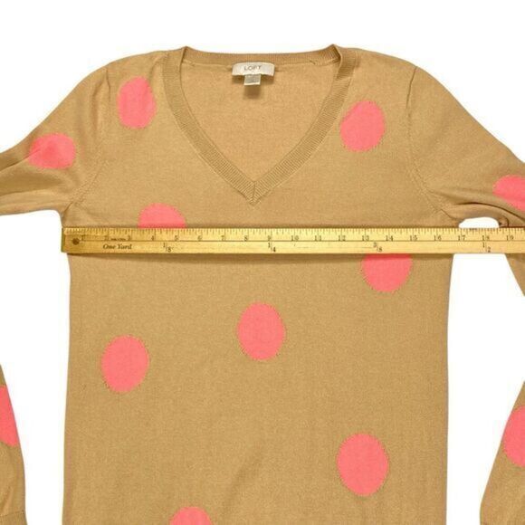LOFT V-Neck Sweater Women Xs Tan Polka Dot Pink Minimalist Modest Neutral Modern - Picture 9 of 16